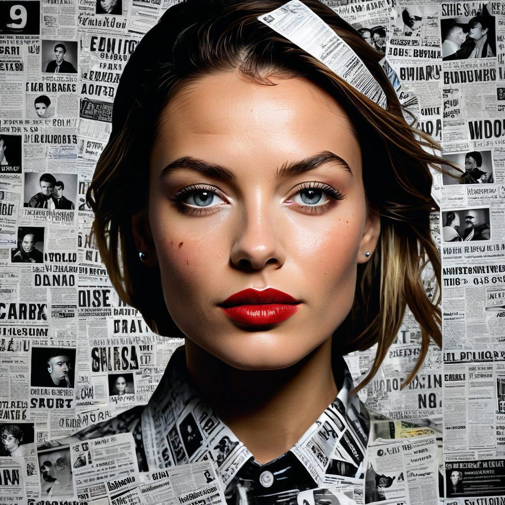 A glamorous yet distorted portrait of a celebrity, half-smiling and half-frowning, surrounded by swirling newspaper headlines and social media icons. The background should be a collage of shimmering lights and broken mirrors to symbolize the fragility of fame. Include shadows of paparazzi in the corners to enhance the theme of controversy. The color palette should be bold and striking, invoking drama and intensity. vibrant colors. super-realistic.