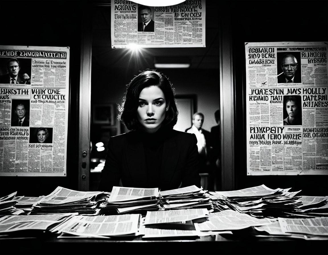 A shadowy newsroom filled with journalists, capturing the essence of scandal, with flashing cameras and sensational headlines. In the foreground, a cracked celebrity portrait symbolizing the darker side of fame, surrounded by broken awards and tabloid magazines displaying controversial stories. Stark contrasts between light and dark to emphasize drama. moody and gritty style. super-realistic. earthy tones.