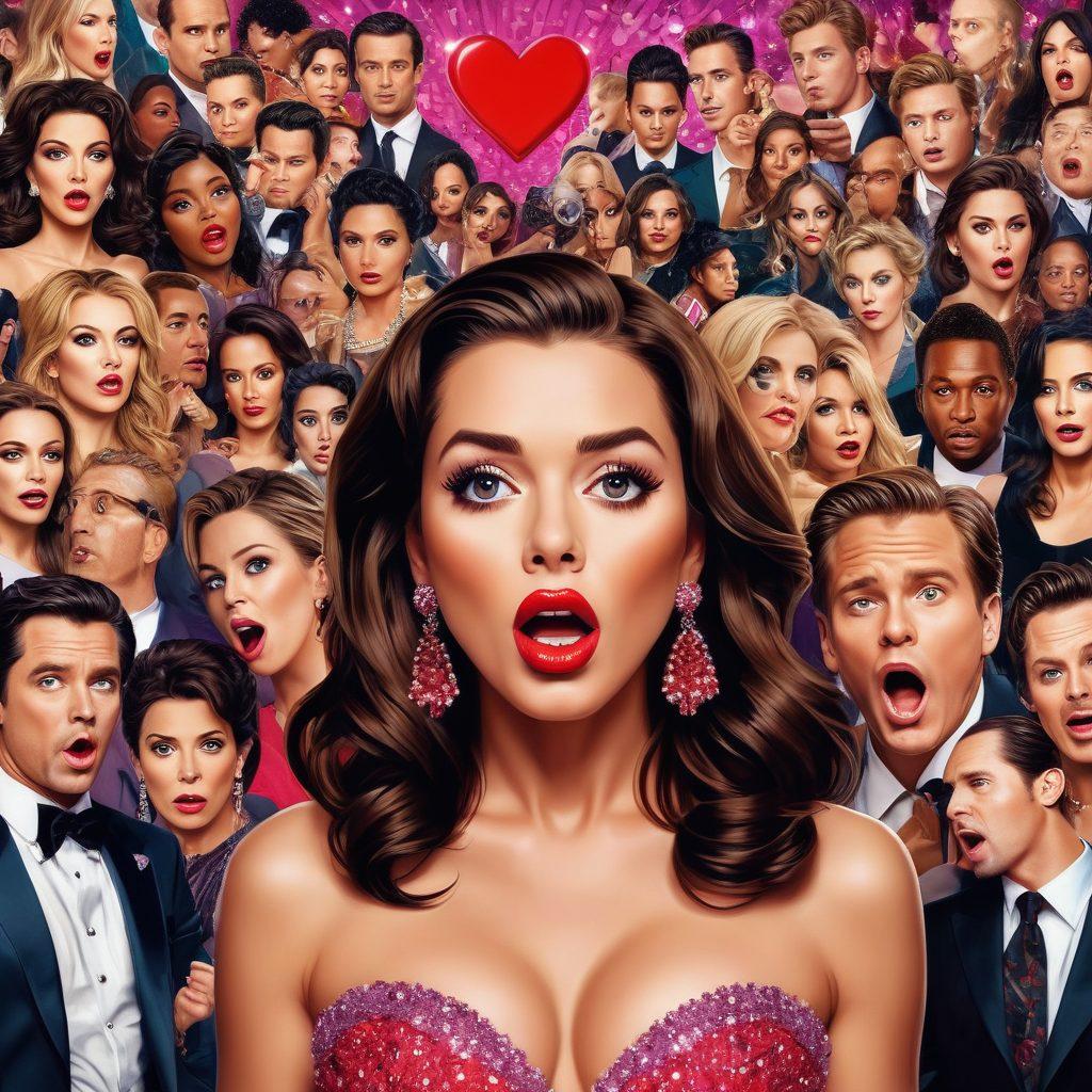 A collage of glamorous yet scandalous moments in pop culture, featuring iconic celebrities with shocked expressions, hidden paparazzi, and a backdrop of flashing camera lights. Incorporate elements like broken hearts, headlines of gossip magazines, and vibrant colors to highlight the drama. The mood should be both glamorous and chaotic, capturing the essence of scandals. pixel art. bright colors.